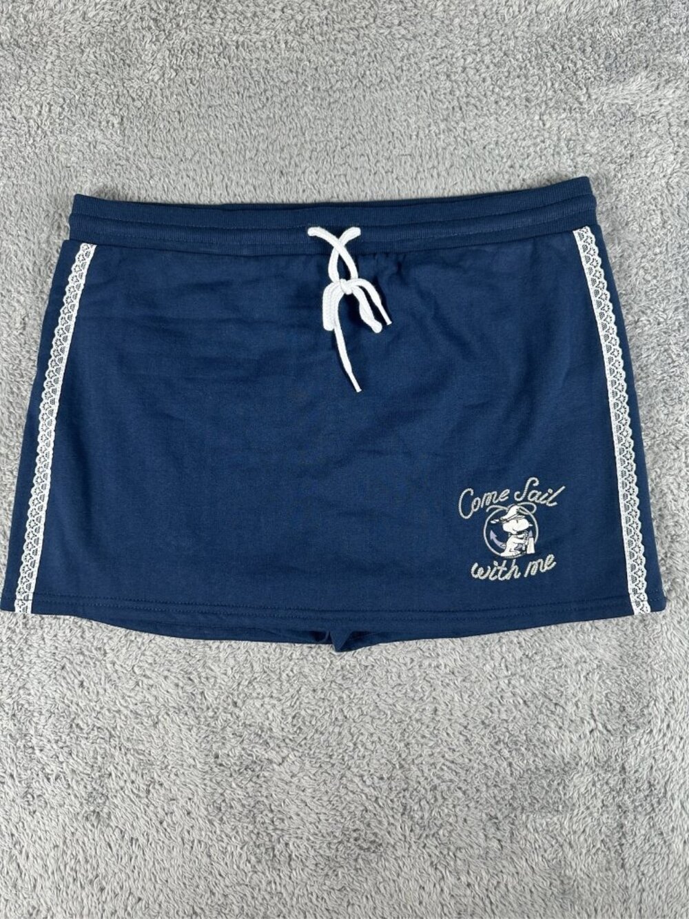 Peanuts Snoopy Womens Drawstring Shorts Navy Blue Lace Trim Sailor